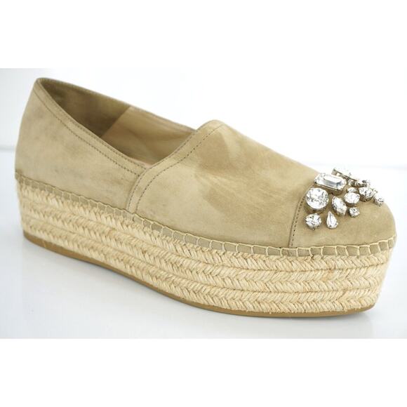 Miu Miu Beige Suede Crystal Jewel Toe Platform Espadrilles SZ 42 12 Slip on $790 - Picture 5 of 12